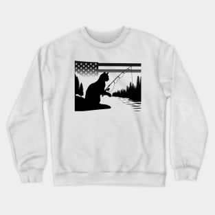 Patriotic American Flag Fishing 4th of July Silhouette Cat Crewneck Sweatshirt